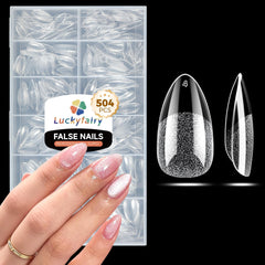Luckyfairy front packaging showing 504 short almond tips and benefits