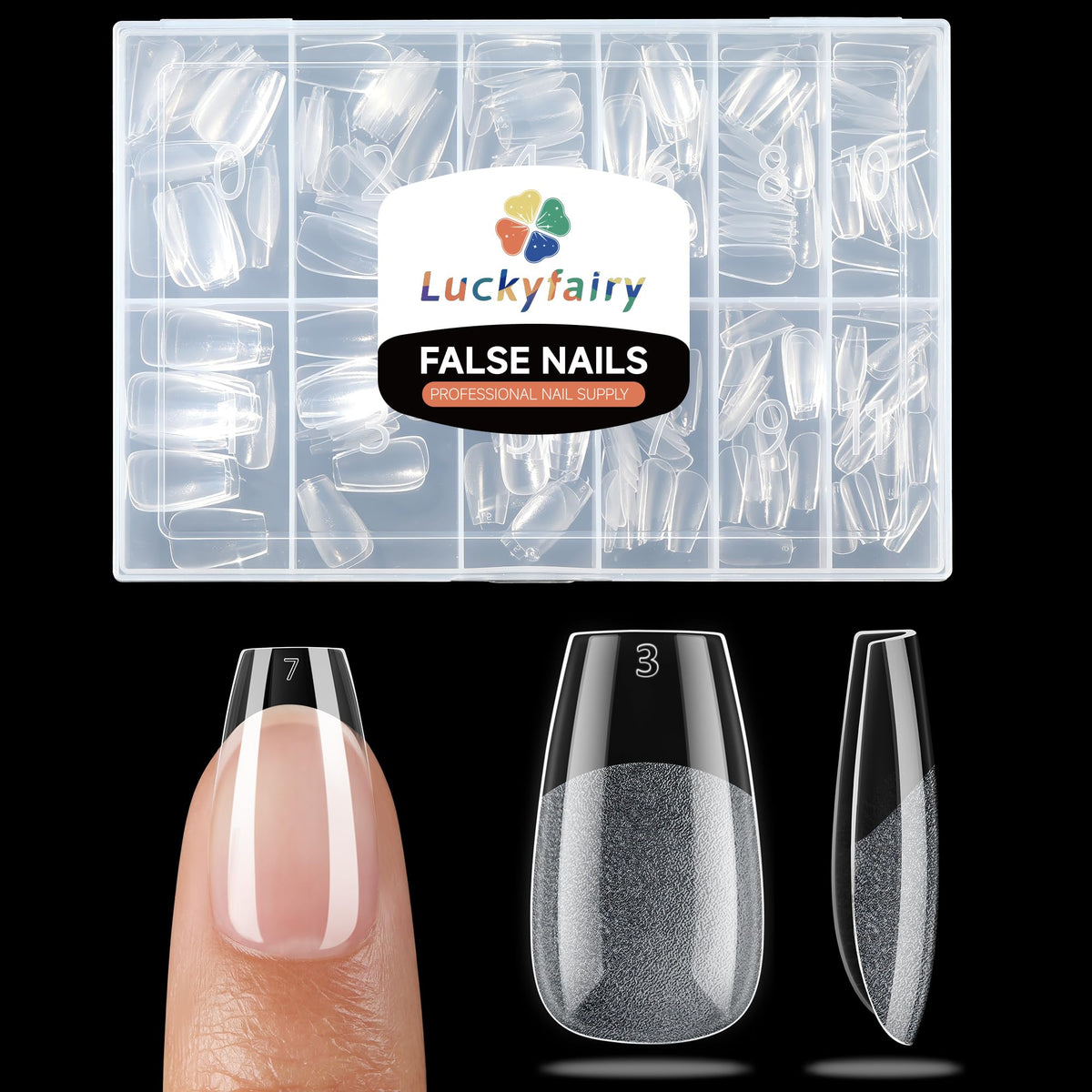 Luckyfairy front packaging showing 240-piece short coffin set and organized layout benefit