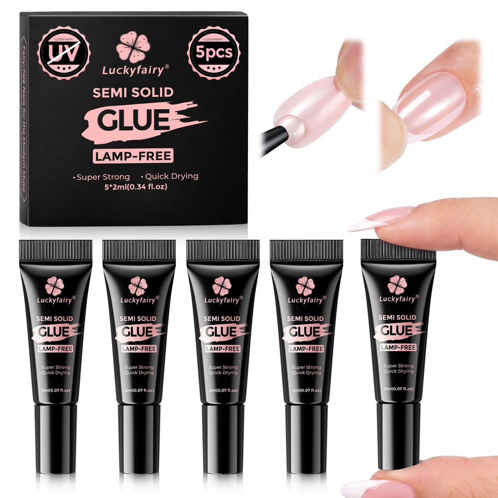 Luckyfairy front packaging showing five 2ml glue tubes for fast manicures