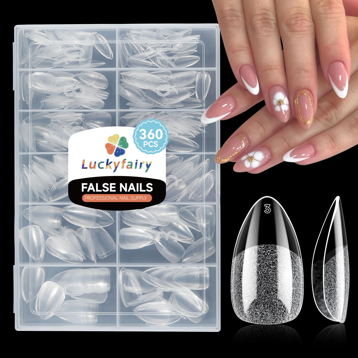 Luckyfairy front packaging showing 360-piece kit and short almond benefits