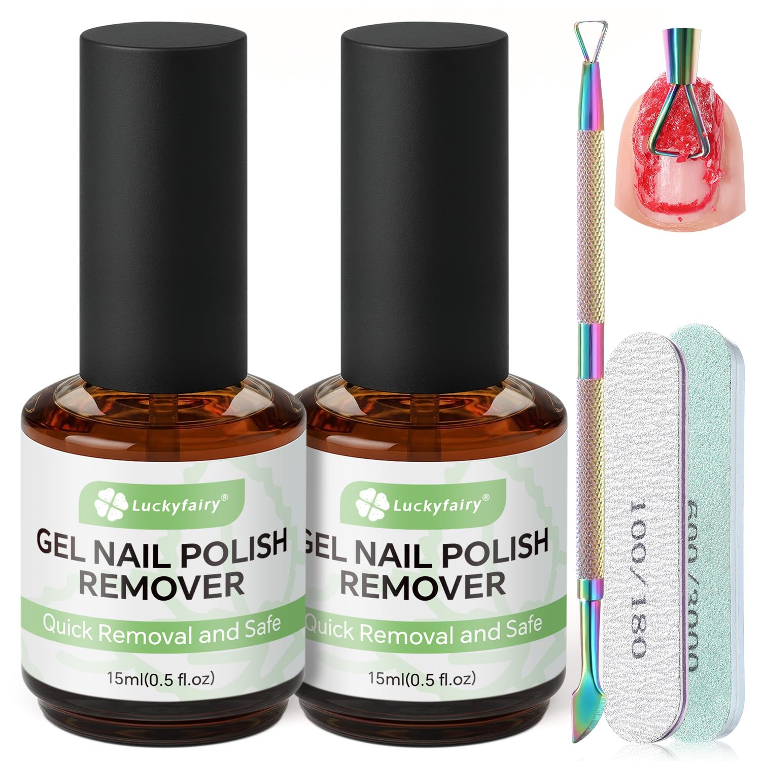 luckyfairy front packaging showing two 15ml bottles and tools for quick removal