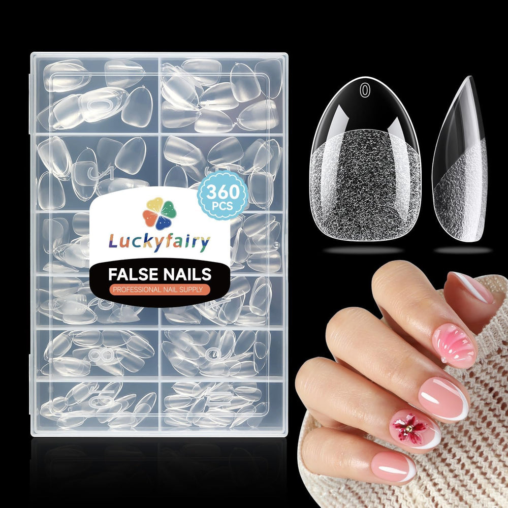 Luckyfairy front packaging showing 360-piece almond tips and organized box for convenience