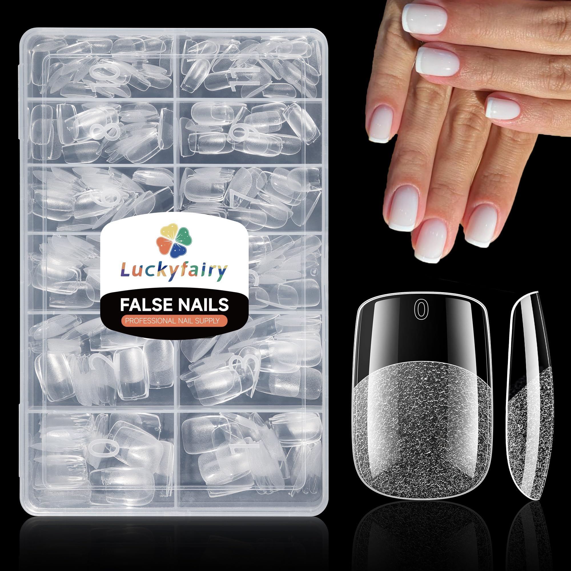Luckyfairy front packaging showing 240-piece short squoval tips and benefits