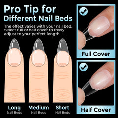 Luckyfairy lifestyle image of hands wearing almond tips for elegant everyday style benefit