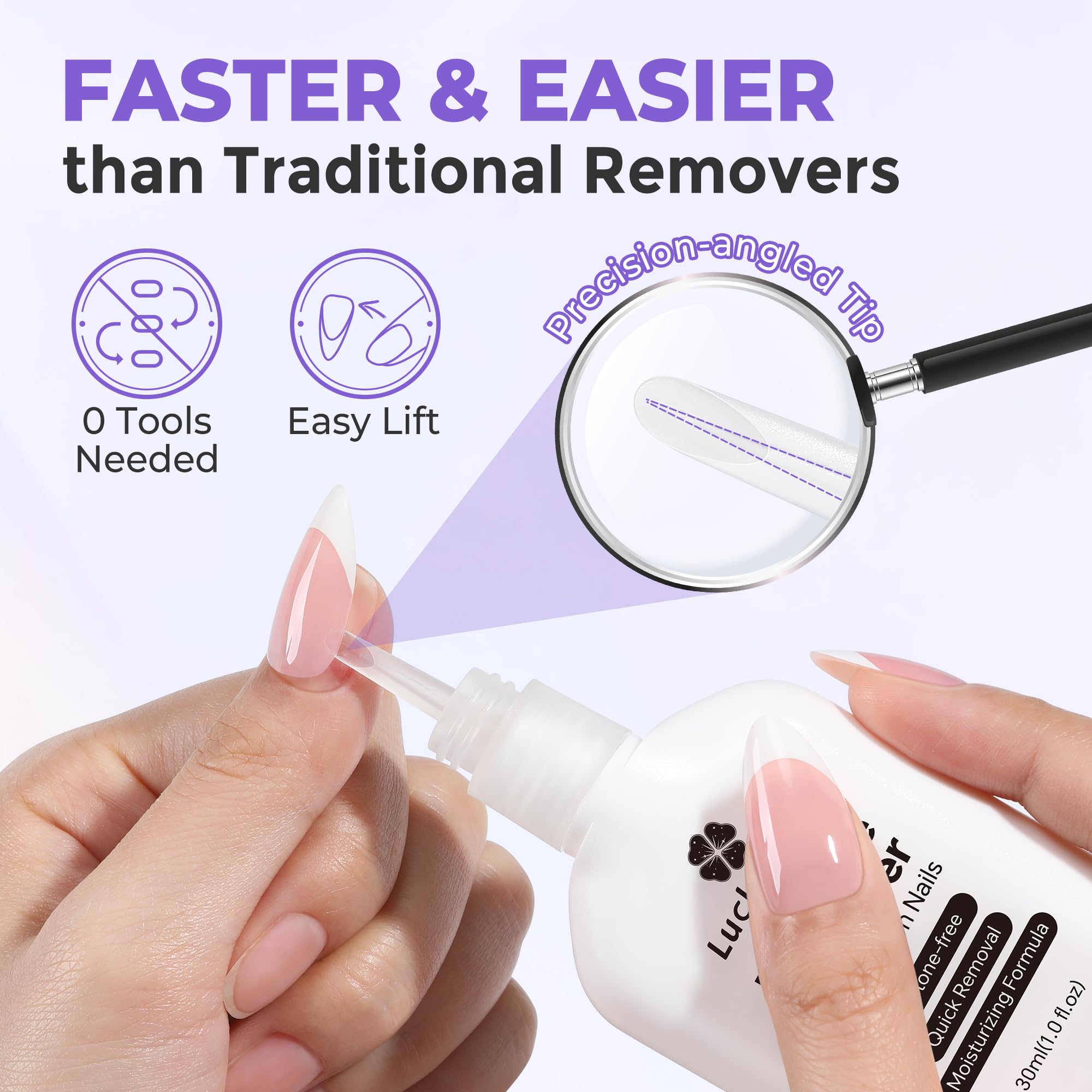 Luckyfairy formula drop texture highlighting gentle non-acetone benefit