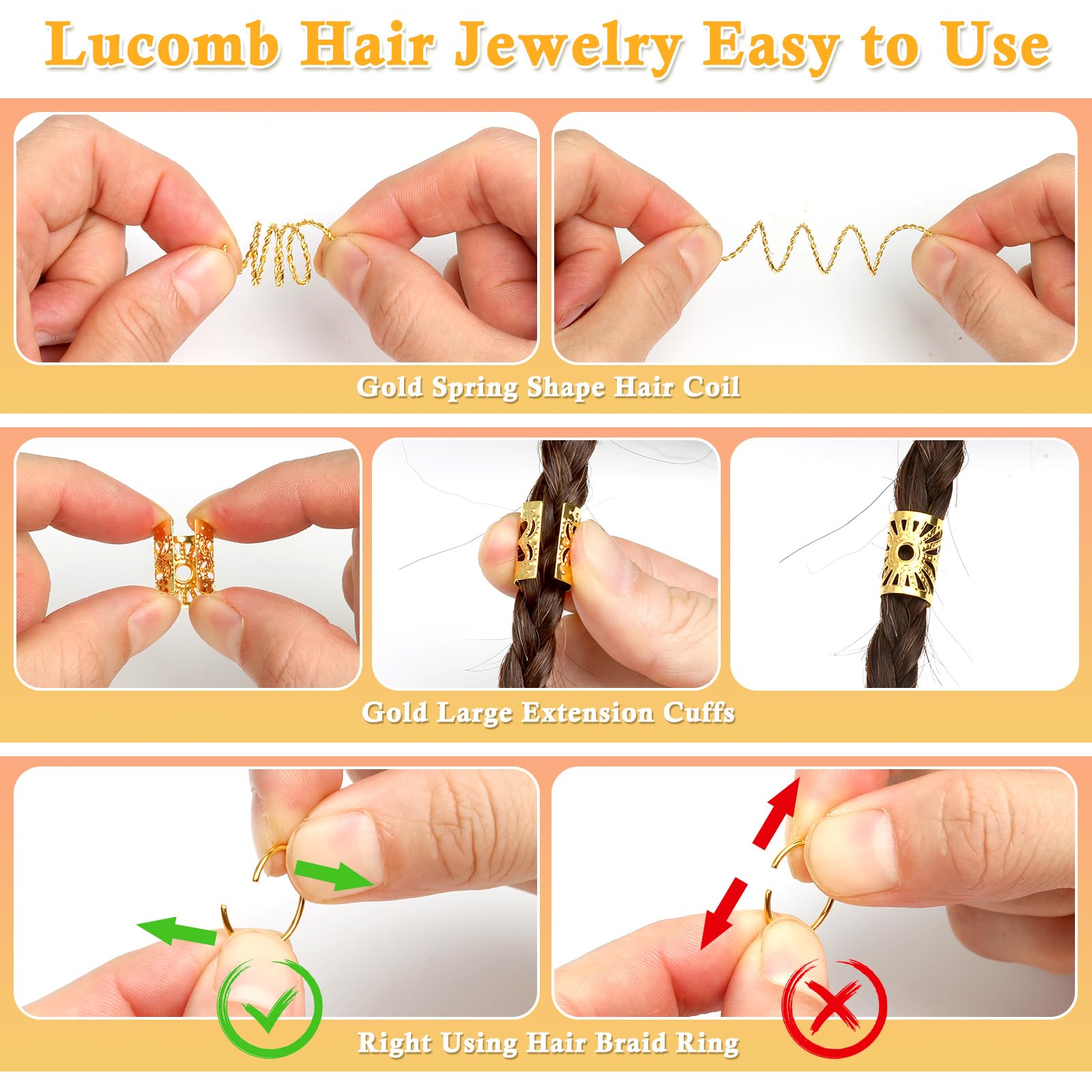 Lucomb hair charms applied on a braid demonstrating easy, tool-free use