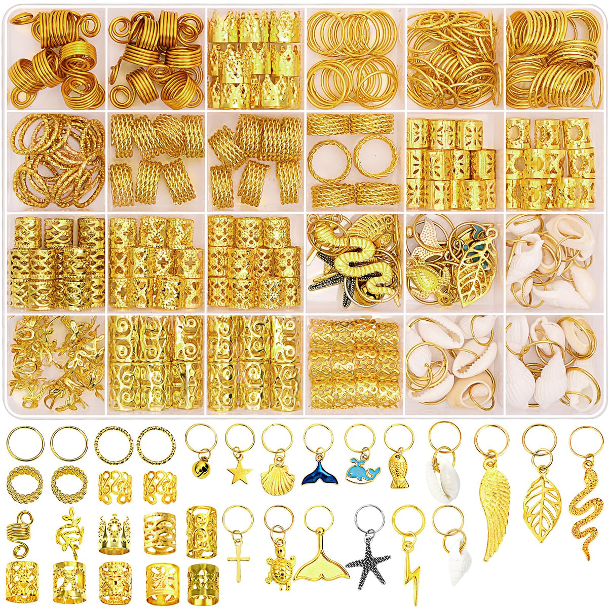 Lucomb front packaging showing full 314-piece gold set and organized compartments for easy selection