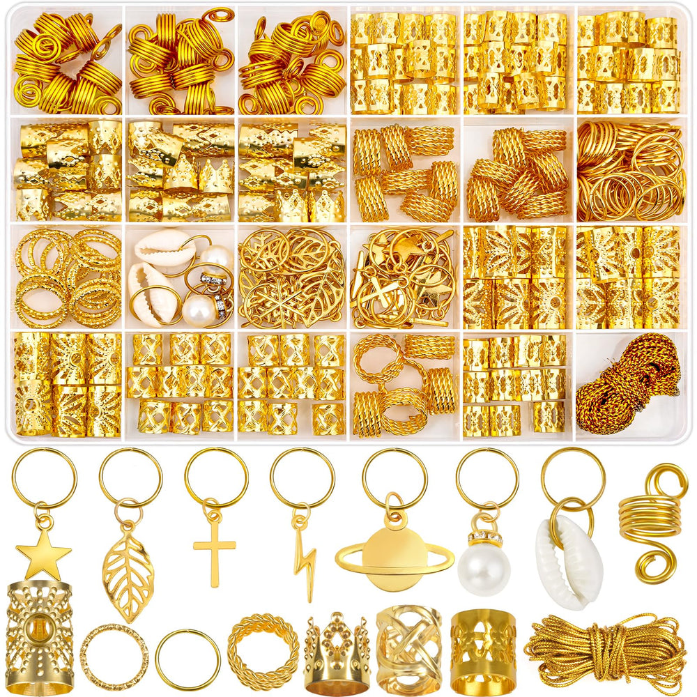 Lucomb front packaging showing 259-piece silver hair jewelry kit and neat storage benefit