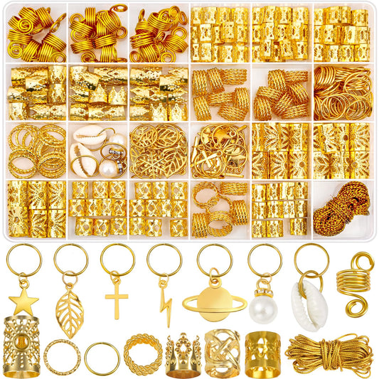 Lucomb front packaging showing 259-piece silver hair jewelry kit and neat storage benefit