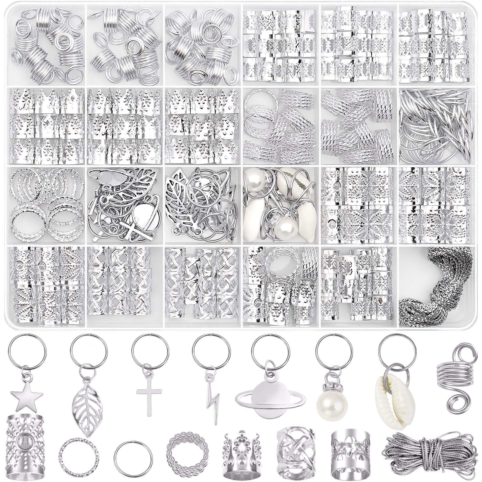 Lucomb front packaging showing 259-piece silver hair jewelry kit and organization benefit