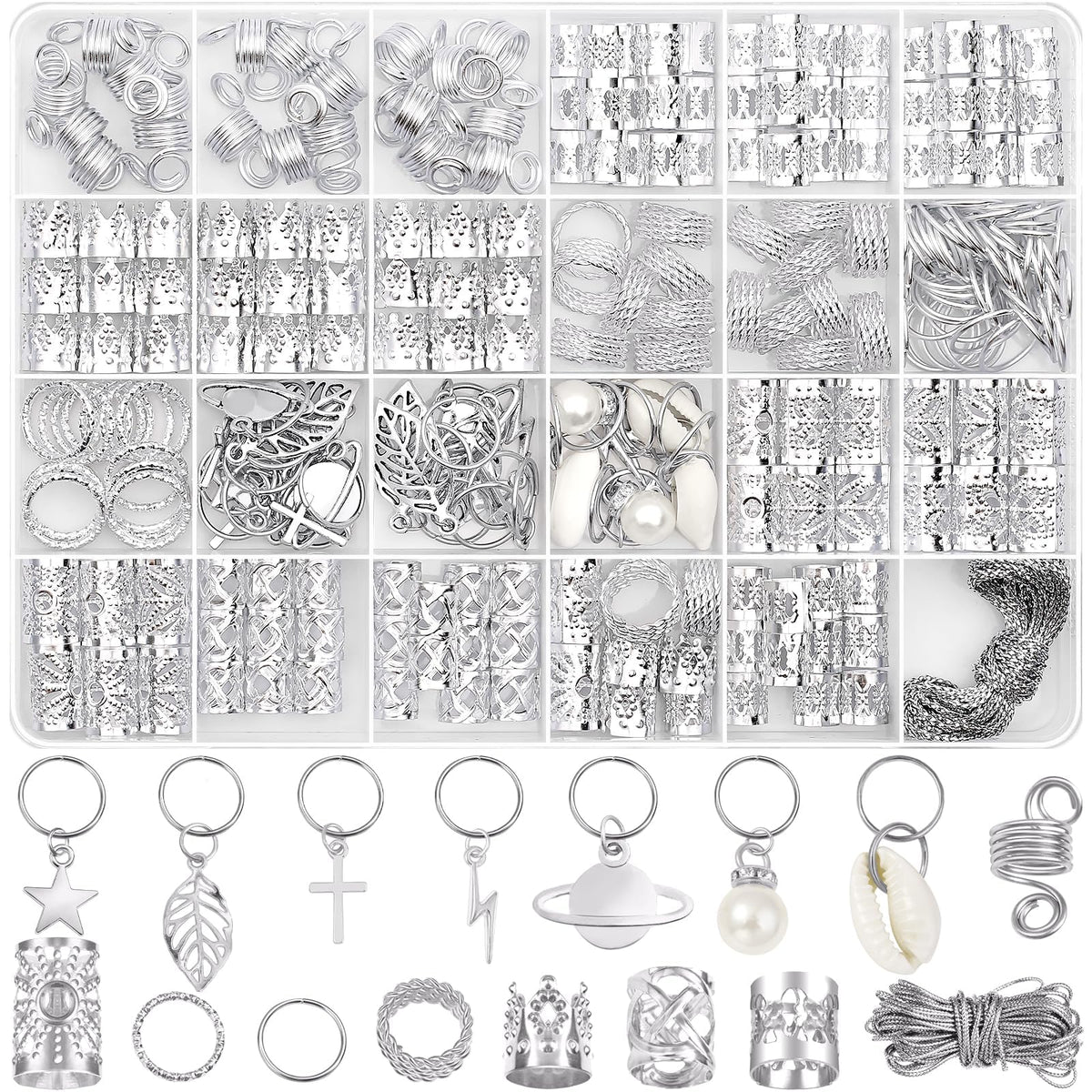 Lucomb front packaging showing 259-piece silver hair jewelry kit and organization benefit