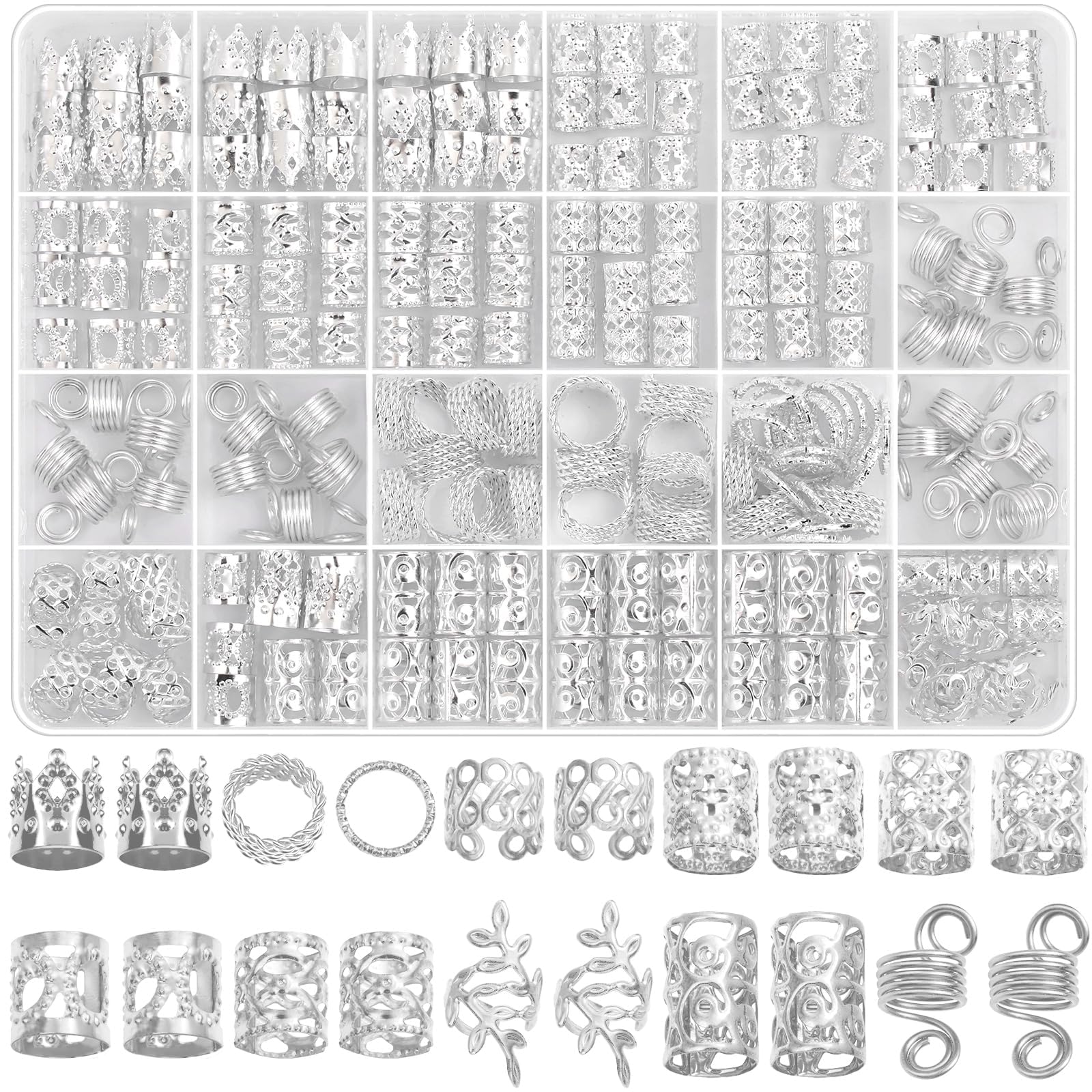 Lucomb front packaging showing the 220-piece silver hair jewelry kit and benefits