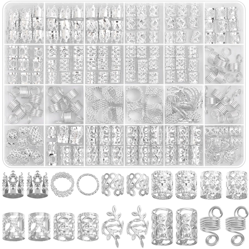 Lucomb front packaging showing the 220-piece silver hair jewelry kit and benefits