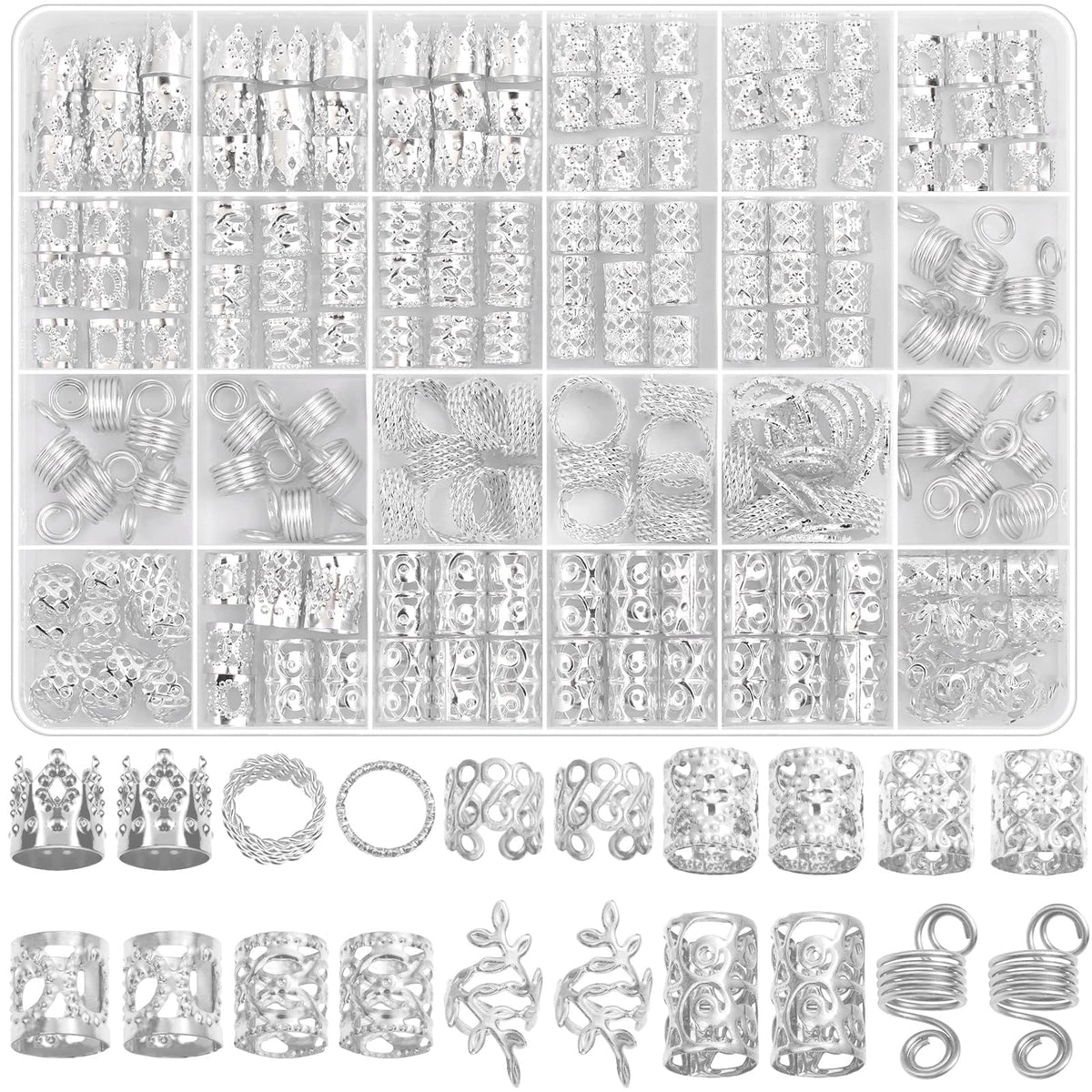 Lucomb front packaging showing the 220-piece silver hair jewelry kit and benefits