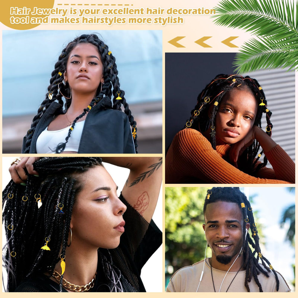 Lucomb lifestyle shot of model wearing decorated locs offering festival-ready hair enhancement