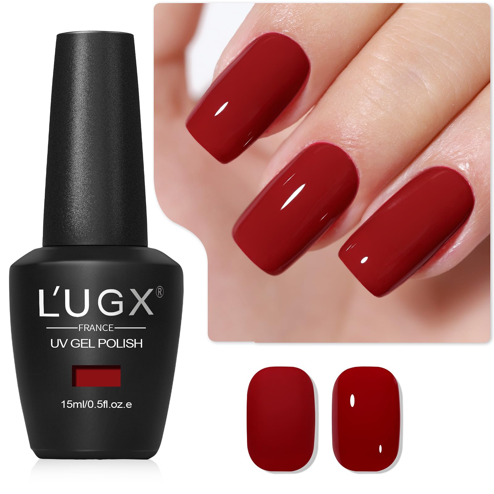 L'UGX front bottle LGS-703 showing deep cherry color and elegant packaging benefit