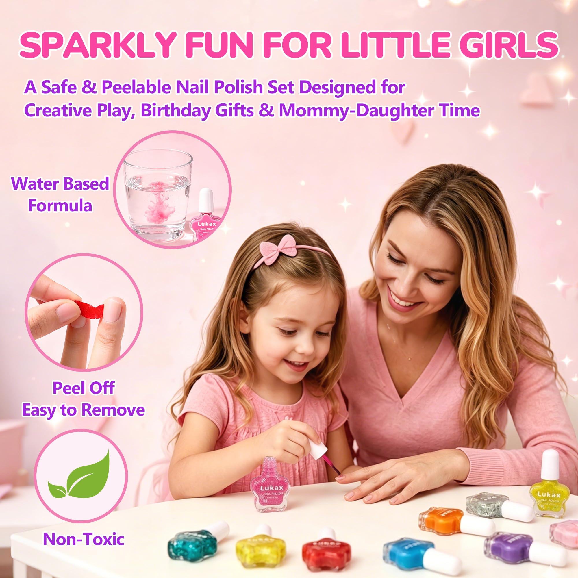 lukax glitter shades layout showing ten colorful polish bottles