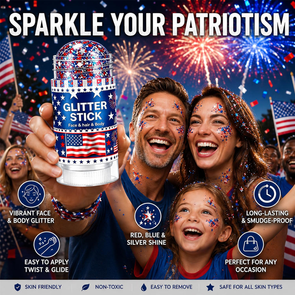 Lulesi applied on face creating patriotic makeup with long-lasting sparkle benefit