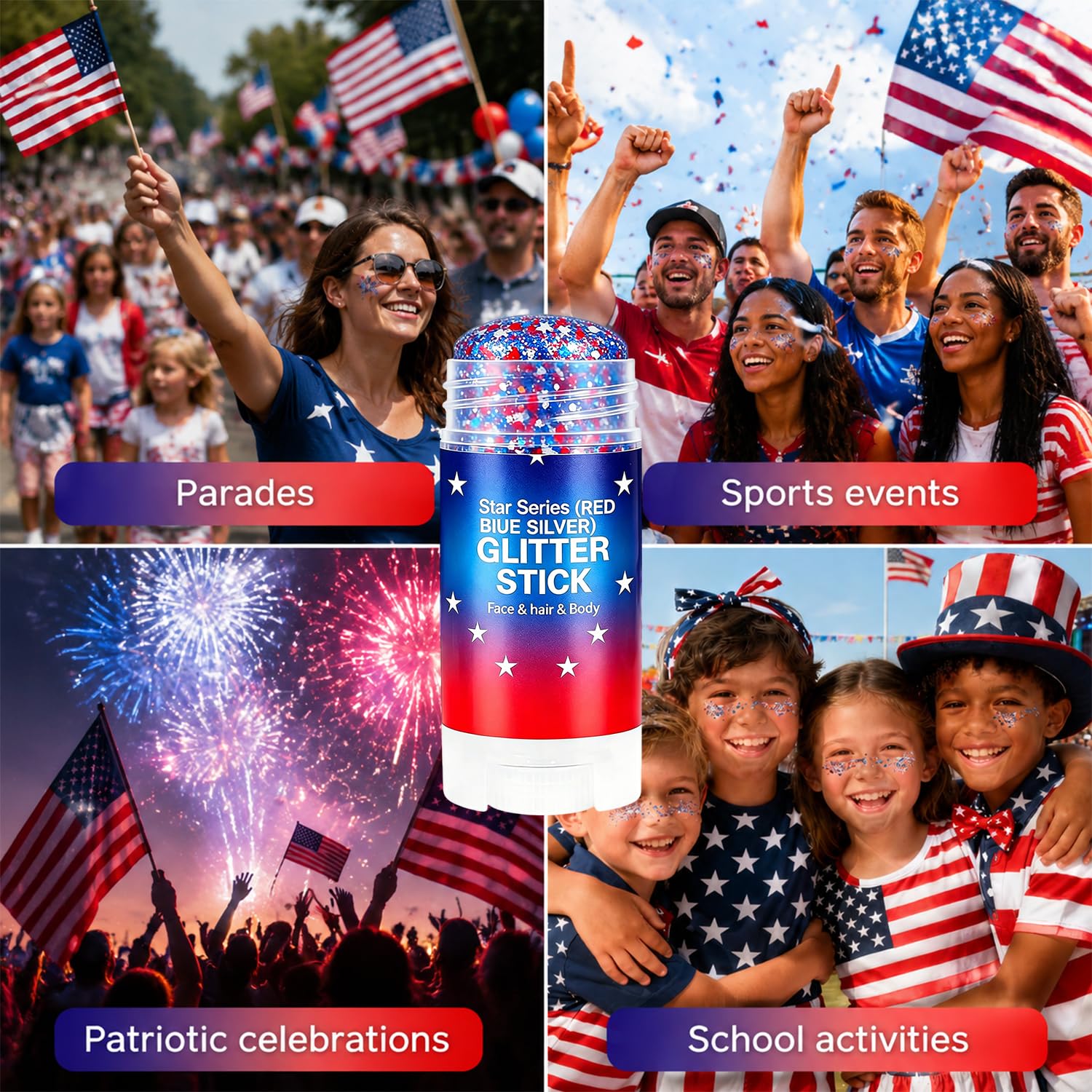Model wearing Lulesi flag stripe on cheek for bold patriotic celebration