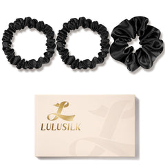 LULUSILK front view of black silk scrunchies showing smooth finish and elegant look