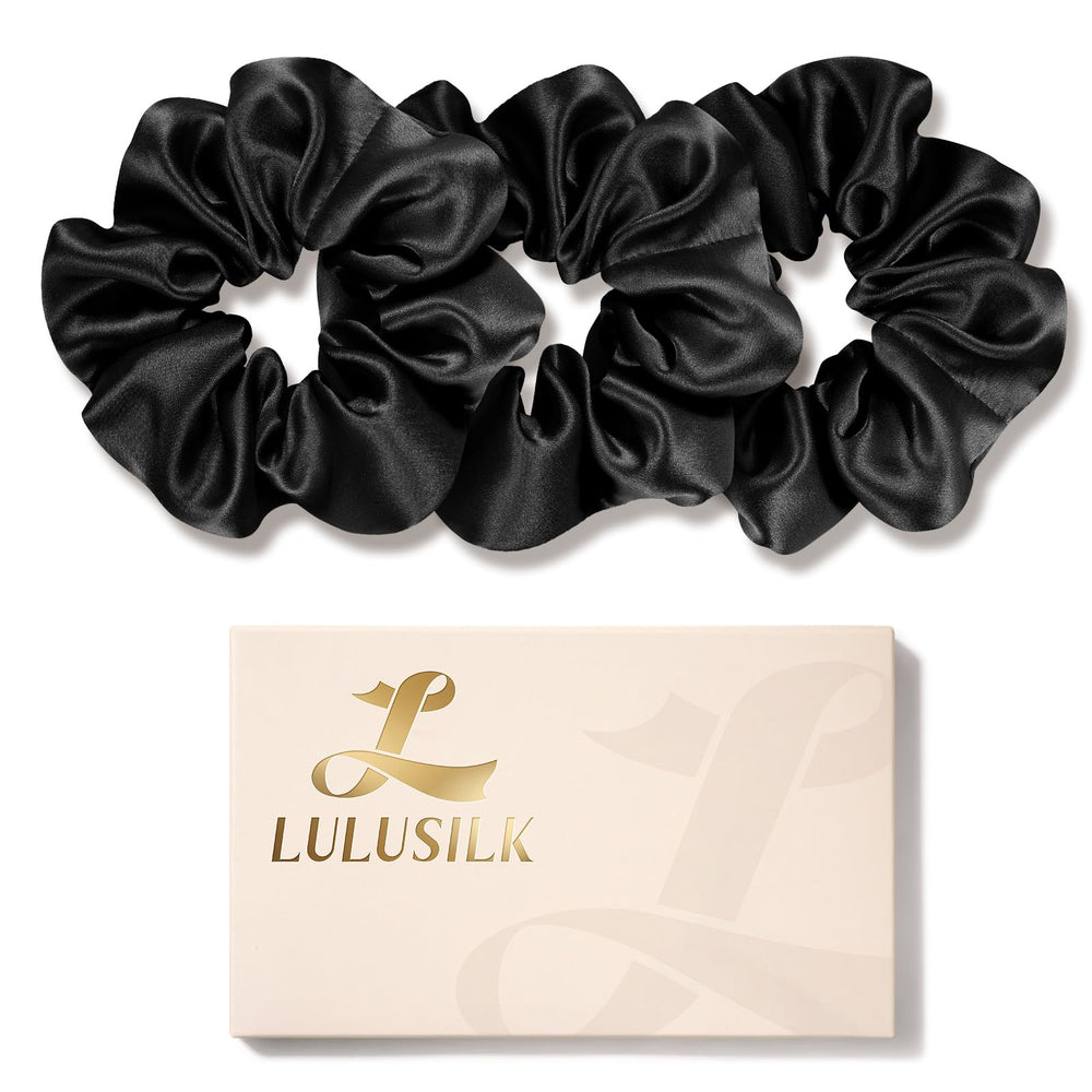 LULUSILK front view of three black silk scrunchies showing polished look and lasting hold