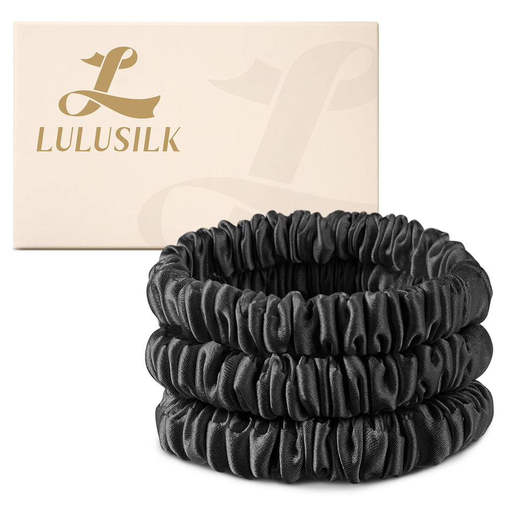 LULUSILK front packaging showing three black silk scrunchies and gift box, elegant presentation benefit