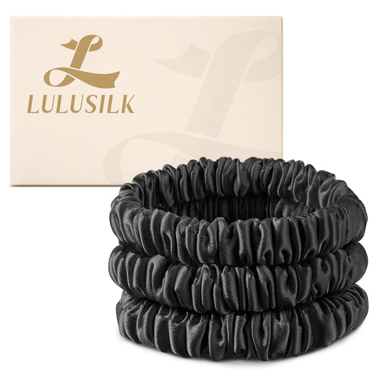 LULUSILK front packaging showing three black silk scrunchies and gift box, elegant presentation benefit