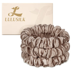 LULUSILK front packaging brown showing three silk hair ties and benefits
