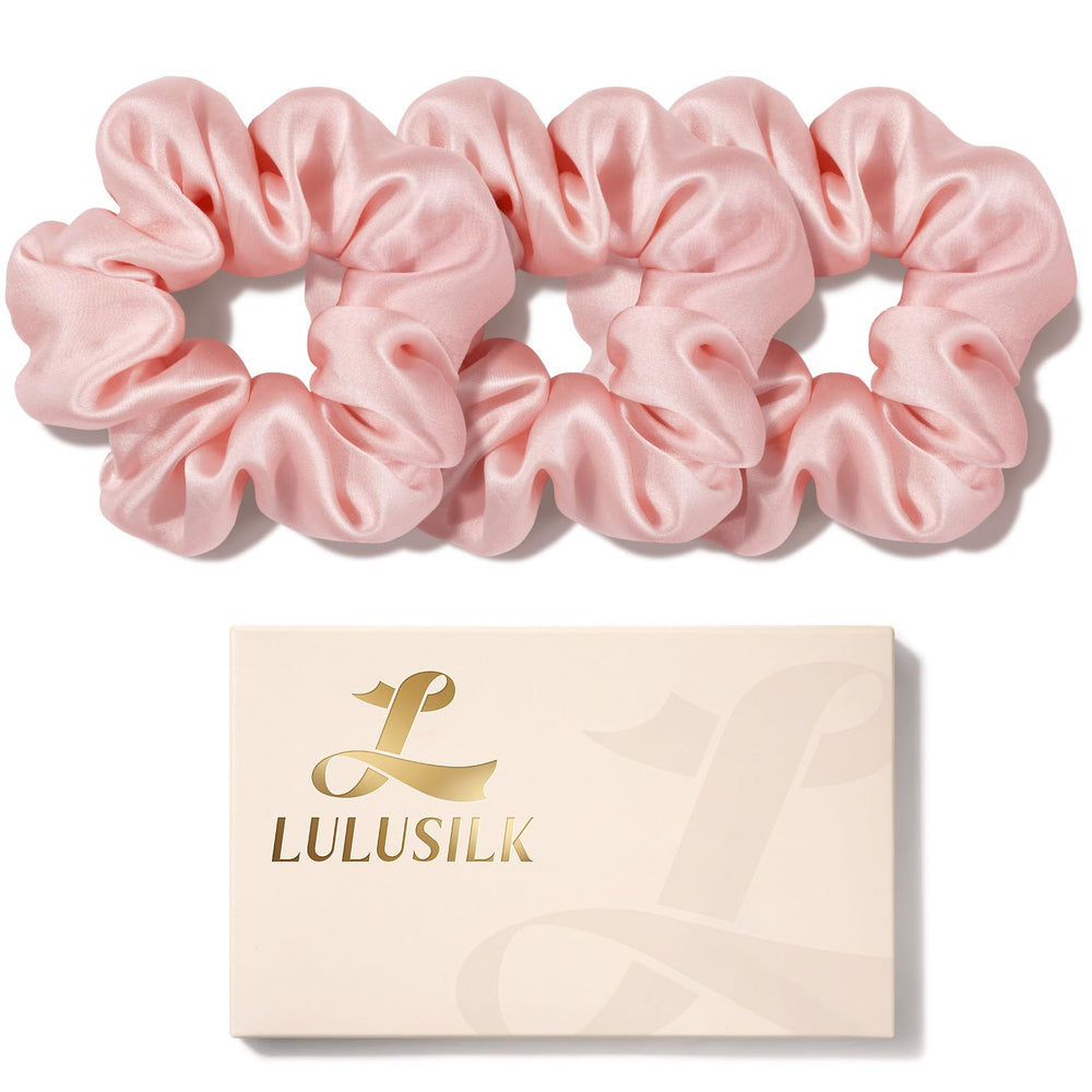 LULUSILK front packaging in lotus pink showing elegant silk scrunchies benefit: luxurious look