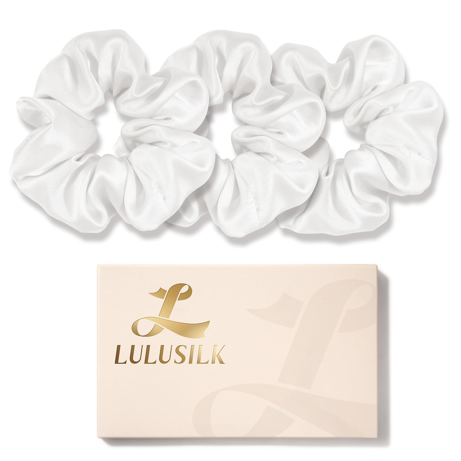 LULUSILK front packaging showing three white silk scrunchies and neat presentation benefiting gift-ready appeal