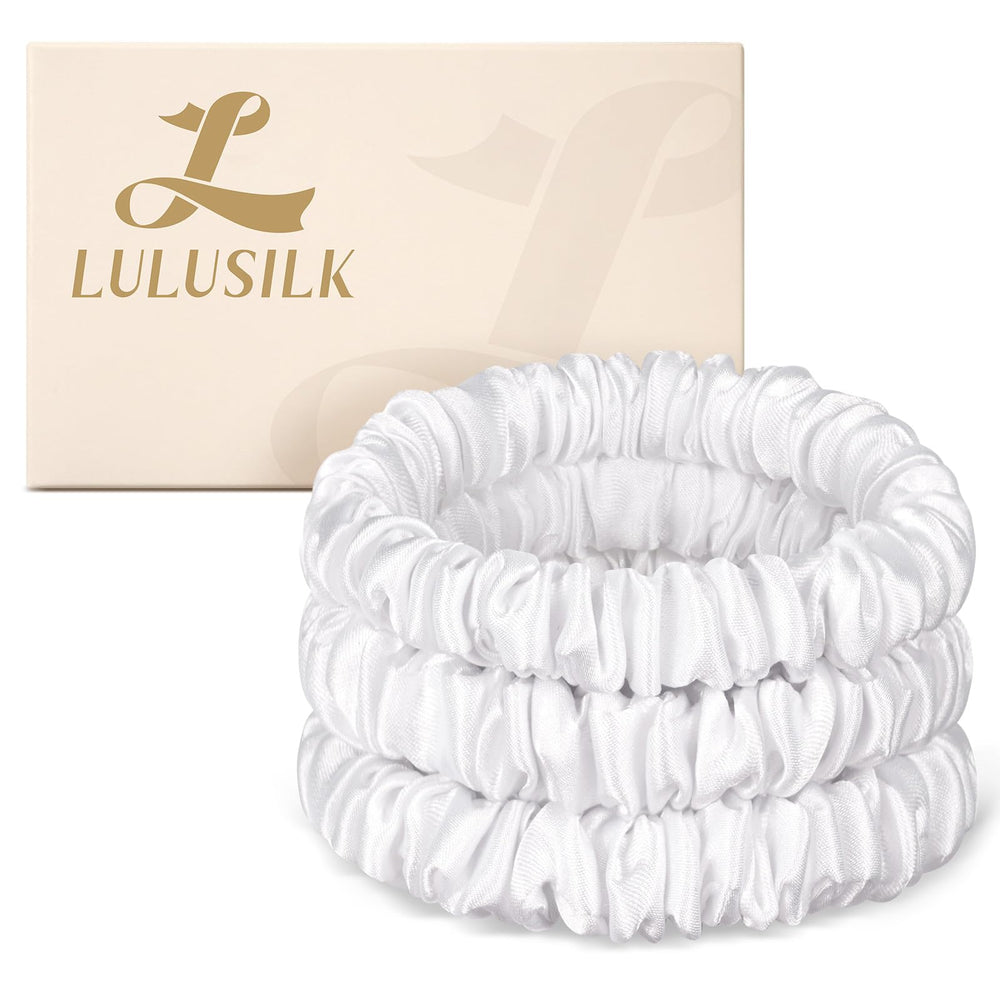 LULUSILK front view of white scrunchies in gift box showing neat packaging and style