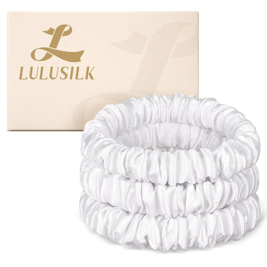 LULUSILK front view of white scrunchies in gift box showing neat packaging and style