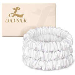 LULUSILK front view of white scrunchies in gift box showing neat packaging and style