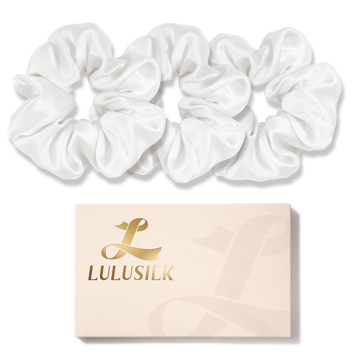 LULUSILK front packaging showing three white silk scrunchies and neat presentation benefiting gift-ready appeal