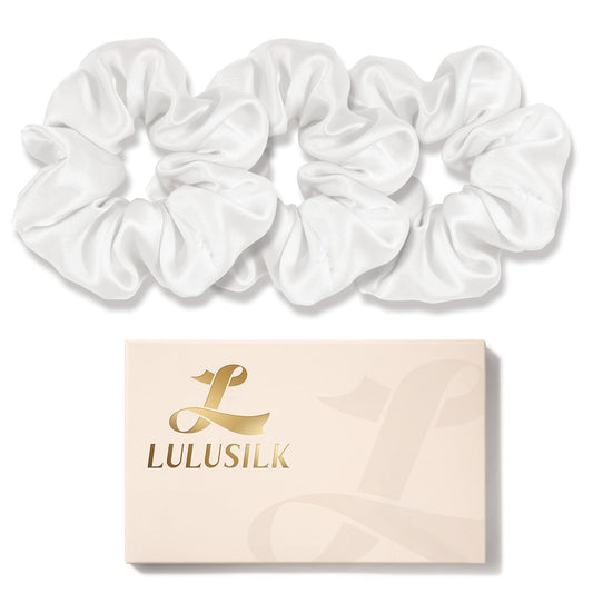 LULUSILK front packaging showing three white silk scrunchies and neat presentation benefiting gift-ready appeal