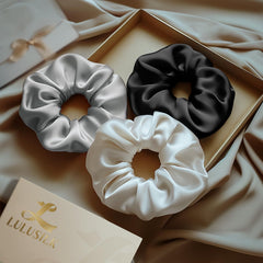 LULUSILK gift box with three scrunchies presented as a luxe, practical present