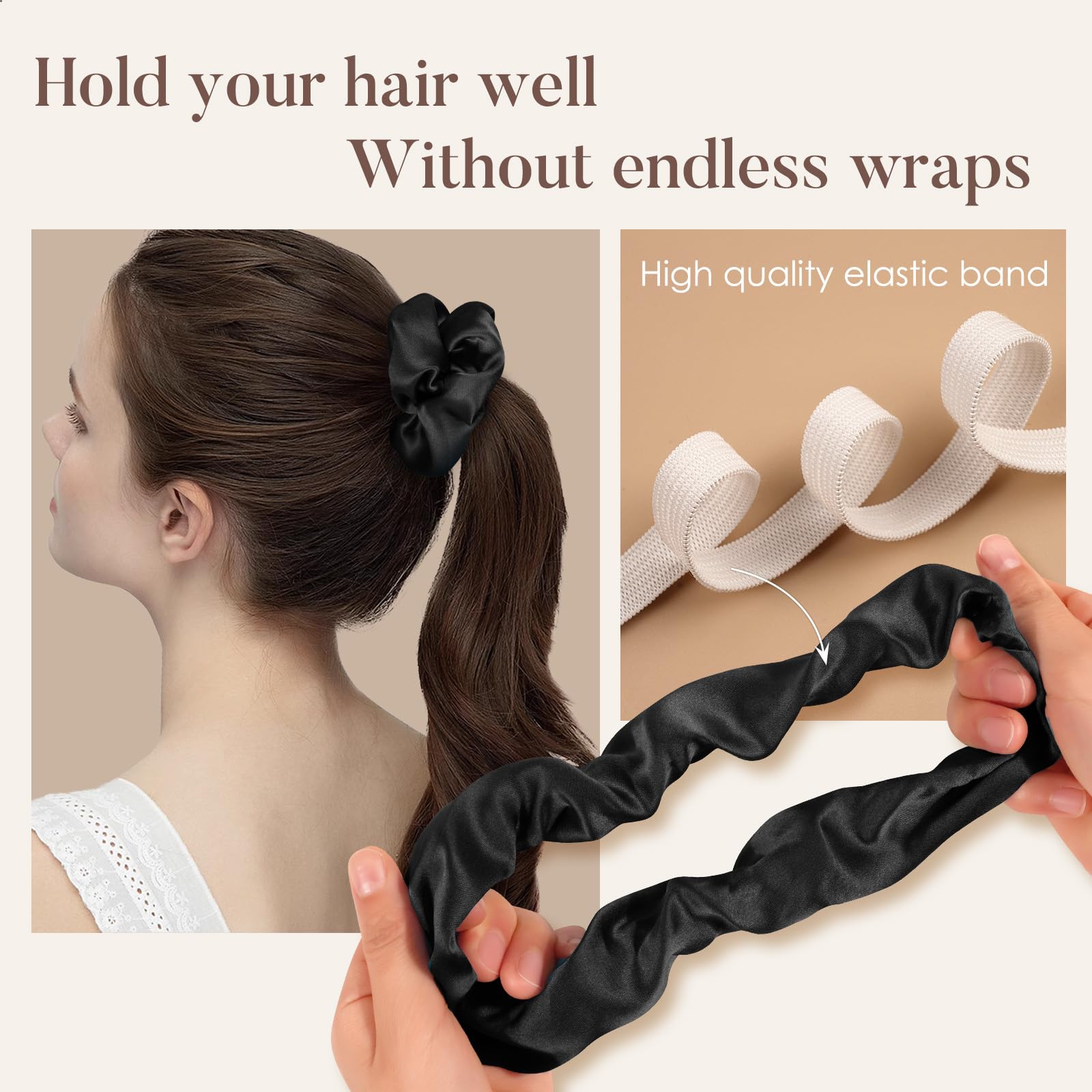 LULUSILK model wearing scrunchie in nighttime ponytail for comfortable sleep and no creases