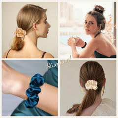 LULUSILK scrunchie styled in a daytime bun to show sleek finish and style protection