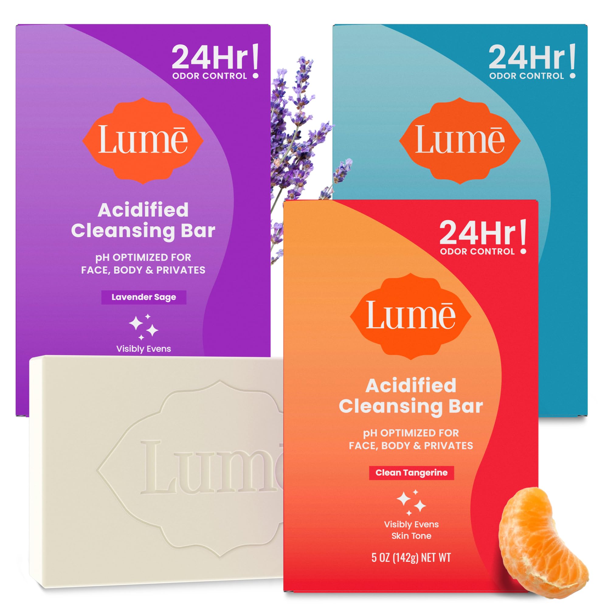 Lume three-pack front packaging showing scents and benefits