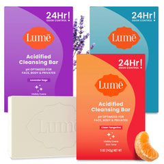 Lume three-pack front packaging showing scents and benefits