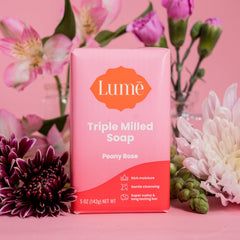 Lume Peony Rose on bathroom shelf in lifestyle scene suggesting calming routine