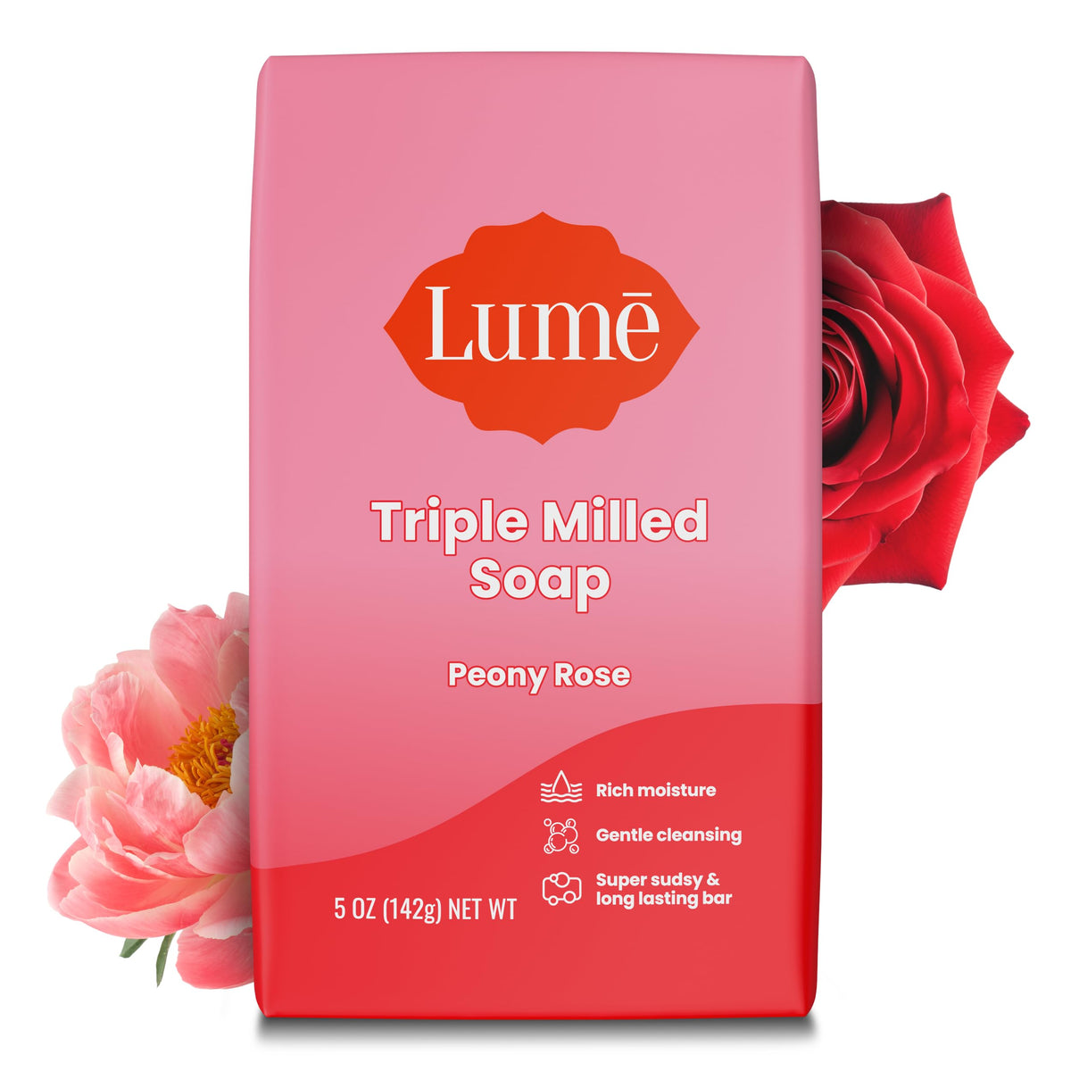 Lume Peony Rose front packaging showing bar and brand for confident purchase