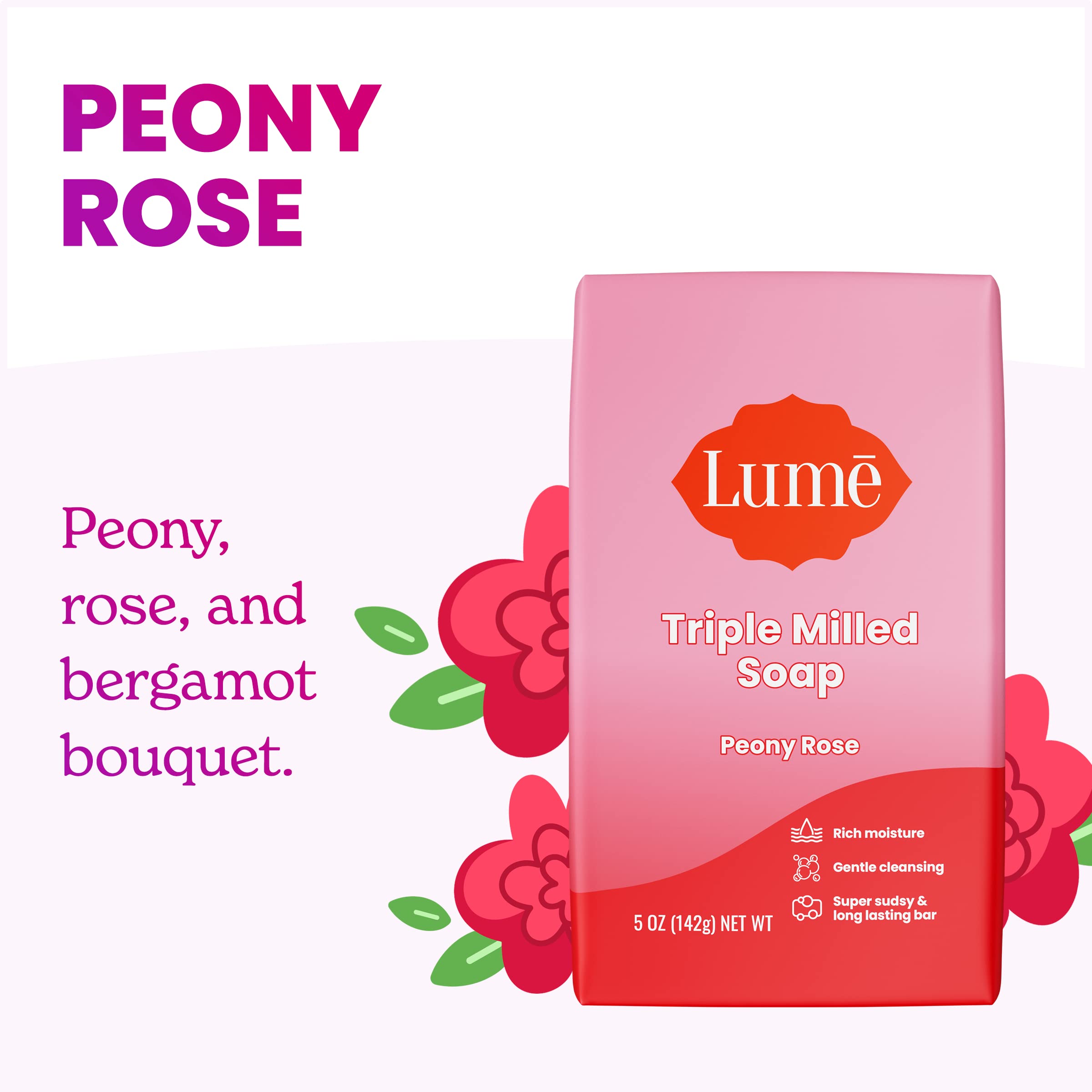 Lume Peony Rose texture close-up revealing dense triple milled soap for longevity