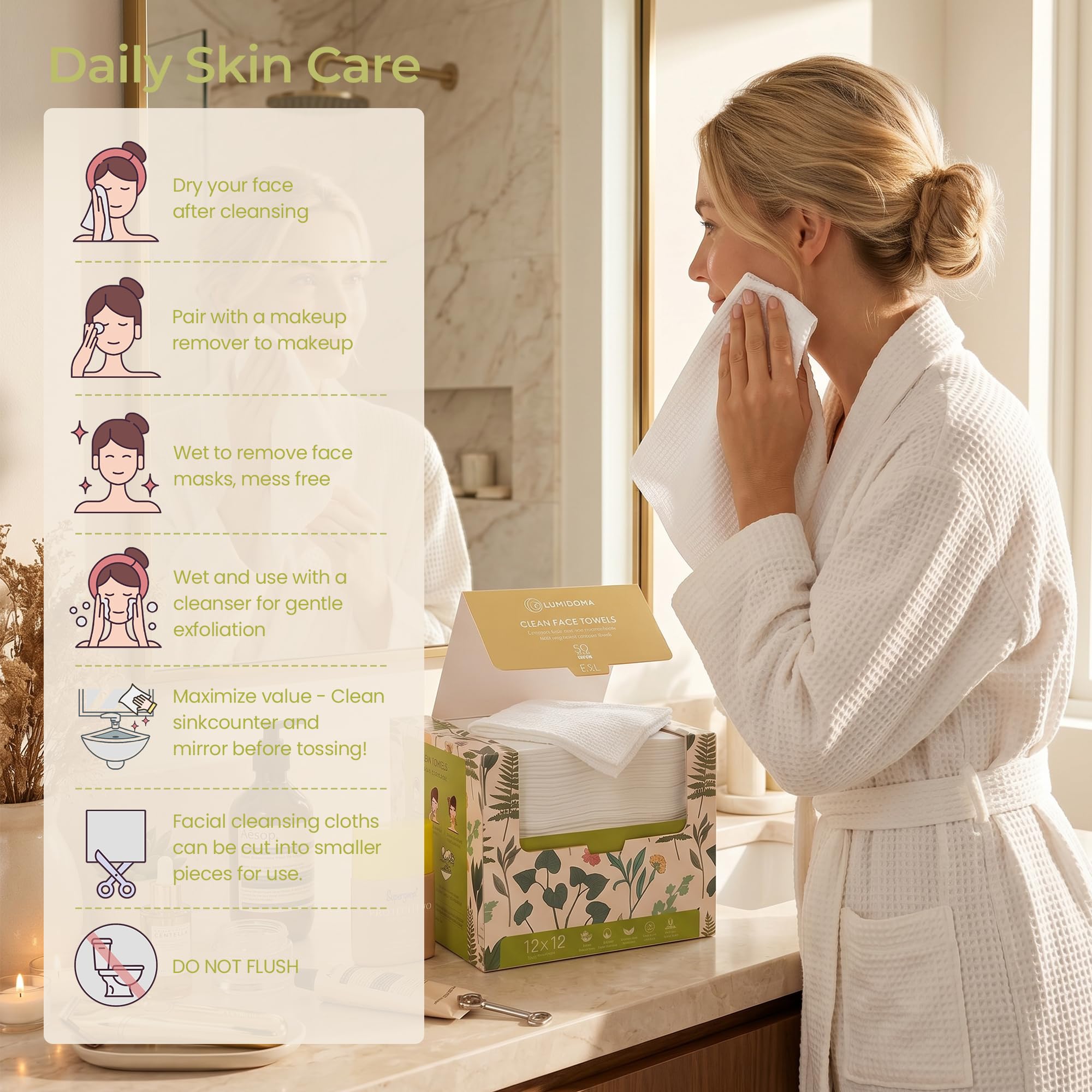 LUMIDOMA towels in travel kit on vanity for on-the-go hygiene
