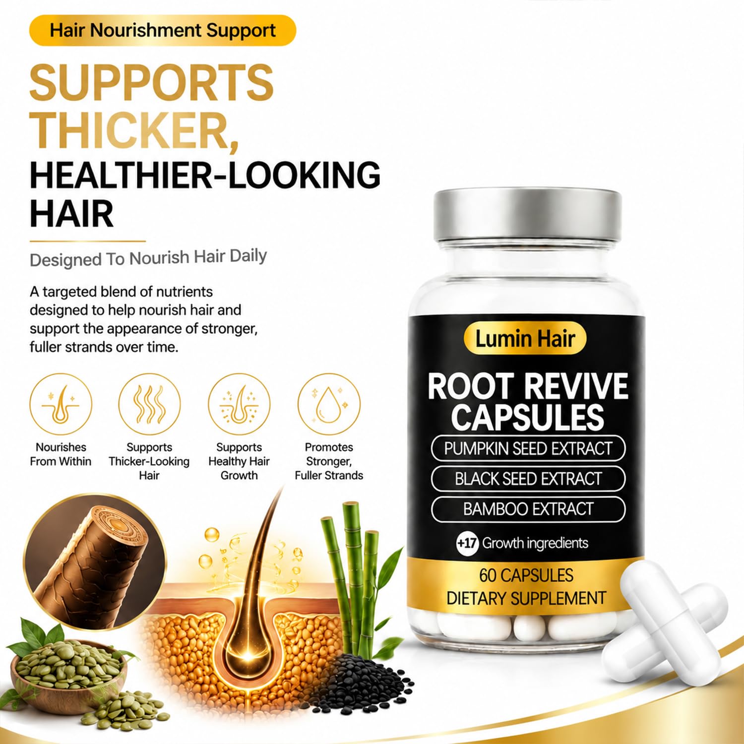 Lumin Hair open bottle with capsules visible to show count and ease