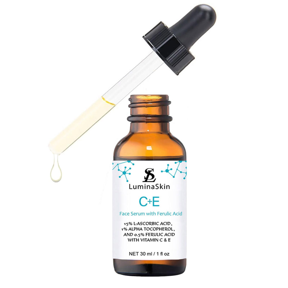 LuminaSkin bottle on bathroom shelf in routine setting showing daily-use convenience benefit