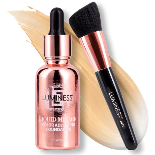 LUMINESS front packaging of Liquid Mirage kit showing all three items and clear benefits