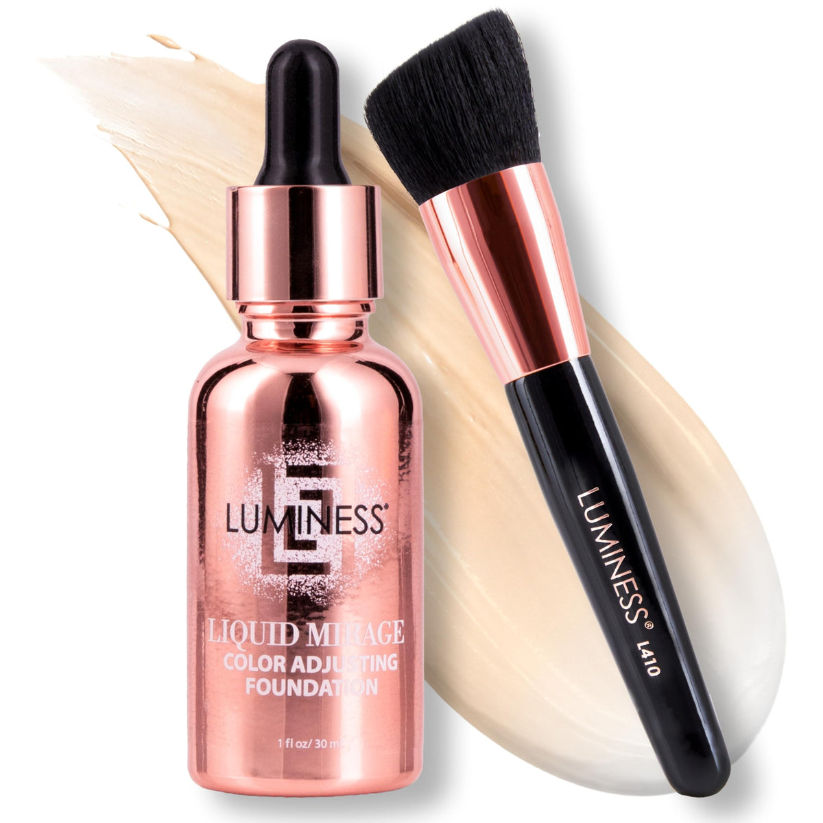 LUMINESS front packaging of Liquid Mirage kit showing complete set and benefit