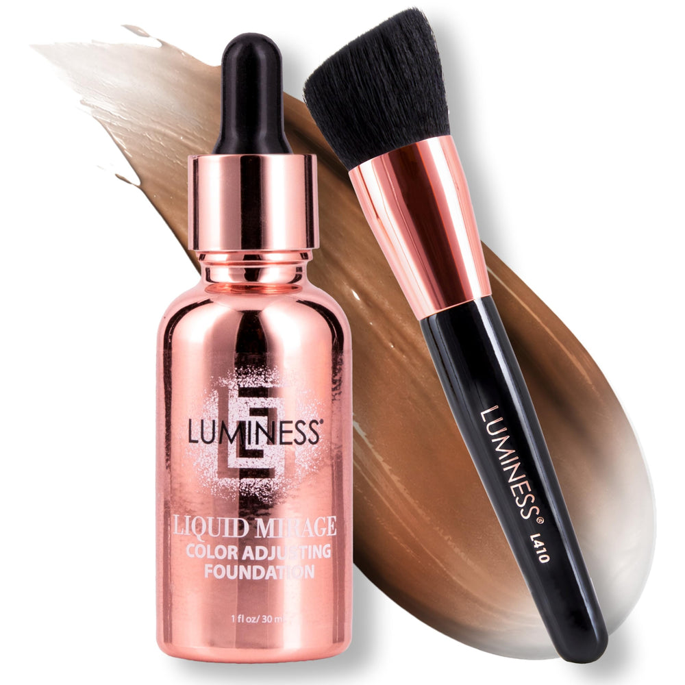 LUMINESS kit front packaging showing foundation, primer, and brush benefits