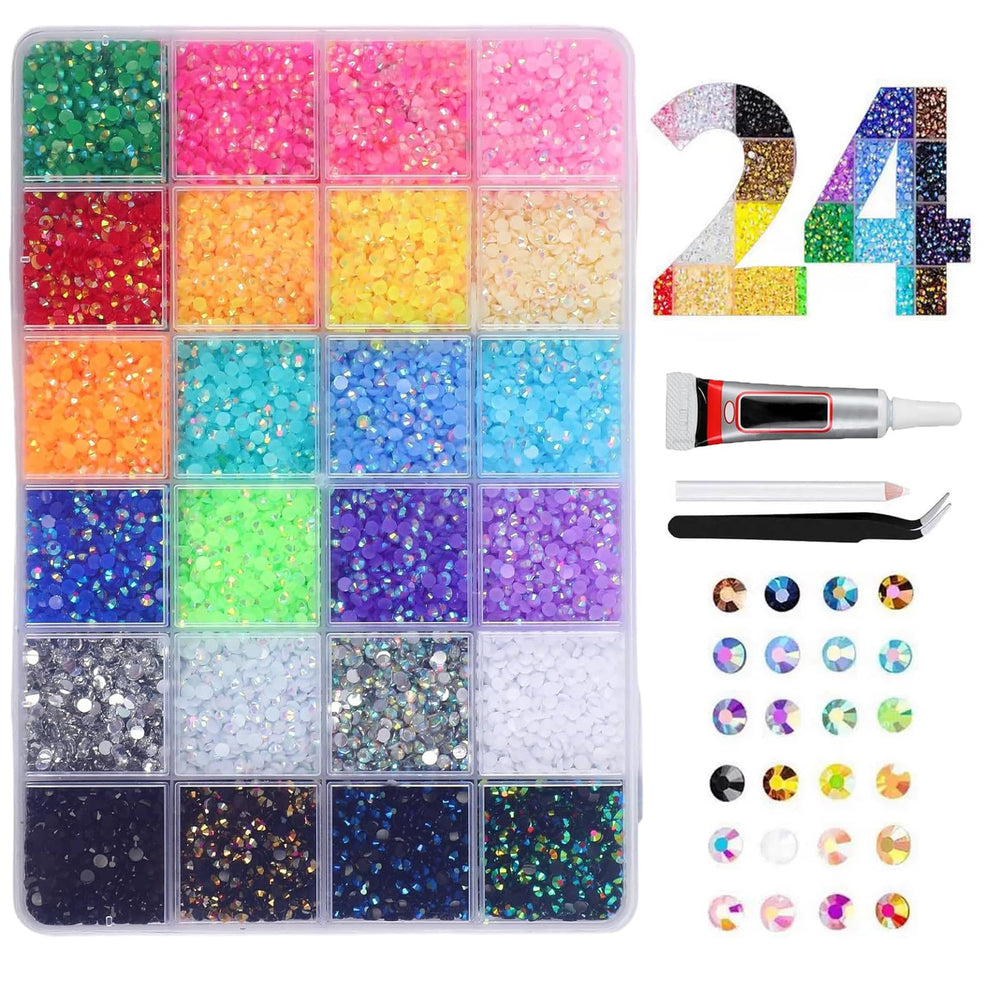 Lumzist front packaging showing 24-color rhinestone kit and included B7000 glue, great starter value